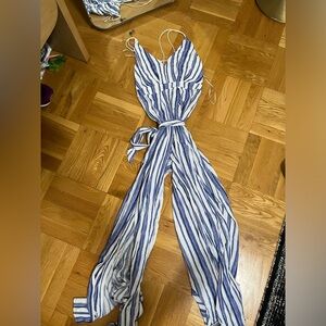 LF Blue & White Vneck Jumpsuit with cross back/ adjustable waist tie, small